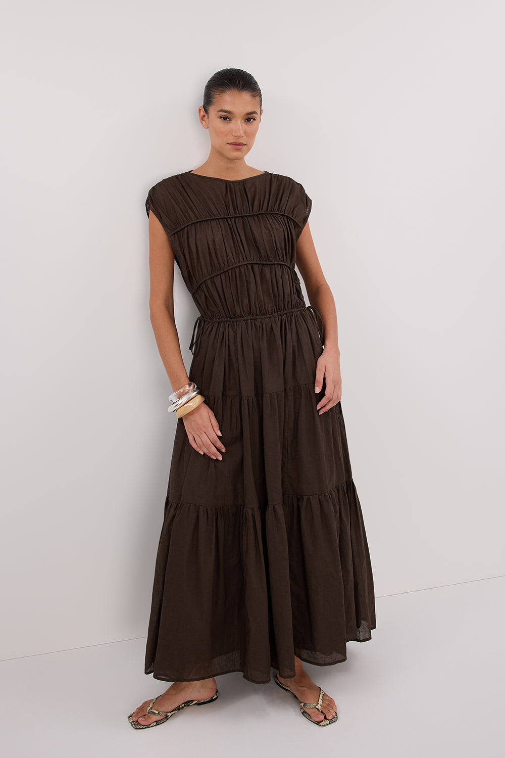 FLYNN BITTER CHOC LINEN BLEND DRESS DISSH FLYNN BITTER CHOC LINEN BLEND DRESS DISSH