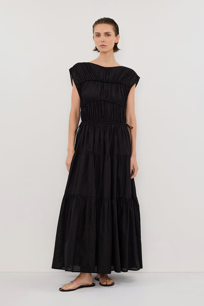 Stas wearing FLYNN BLACK LINEN BLEND MIDI DRESS