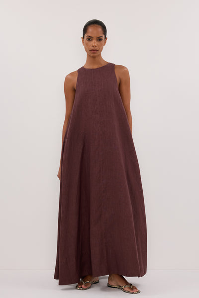 Kristen wearing ISABELLE WALNUT LINEN MIDI DRESS