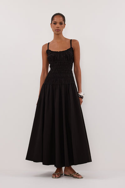 Kristen wearing TOBY BLACK COTTON MIDI DRESS