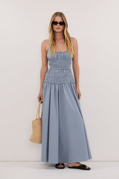 Zoe wearing TOBY SLATE COTTON MIDI DRESS