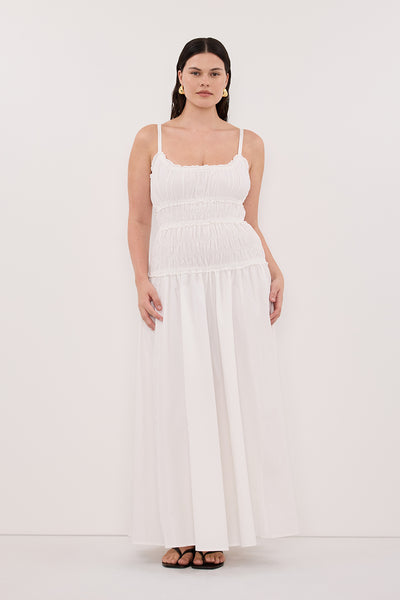 Jasmine wearing TOBY WHITE COTTON MIDI DRESS