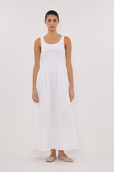 Aude wearing IBIZA WHITE LINEN MIDI DRESS