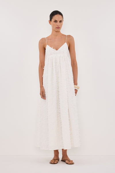 Adrienne wearing PALOMA WHITE BABYDOLL MIDI DRESS