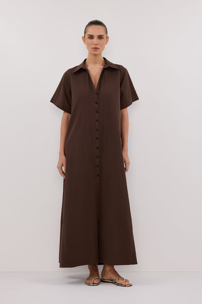 Stas wearing VIOLET BITTER CHOC SHIRT MIDI DRESS