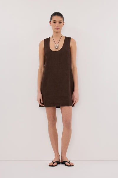LOTUS BITTER CHOC LINEN MINI DRESS – DISSH