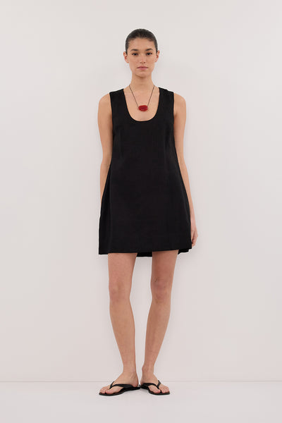 Aude wearing LOTUS BLACK LINEN MINI DRESS