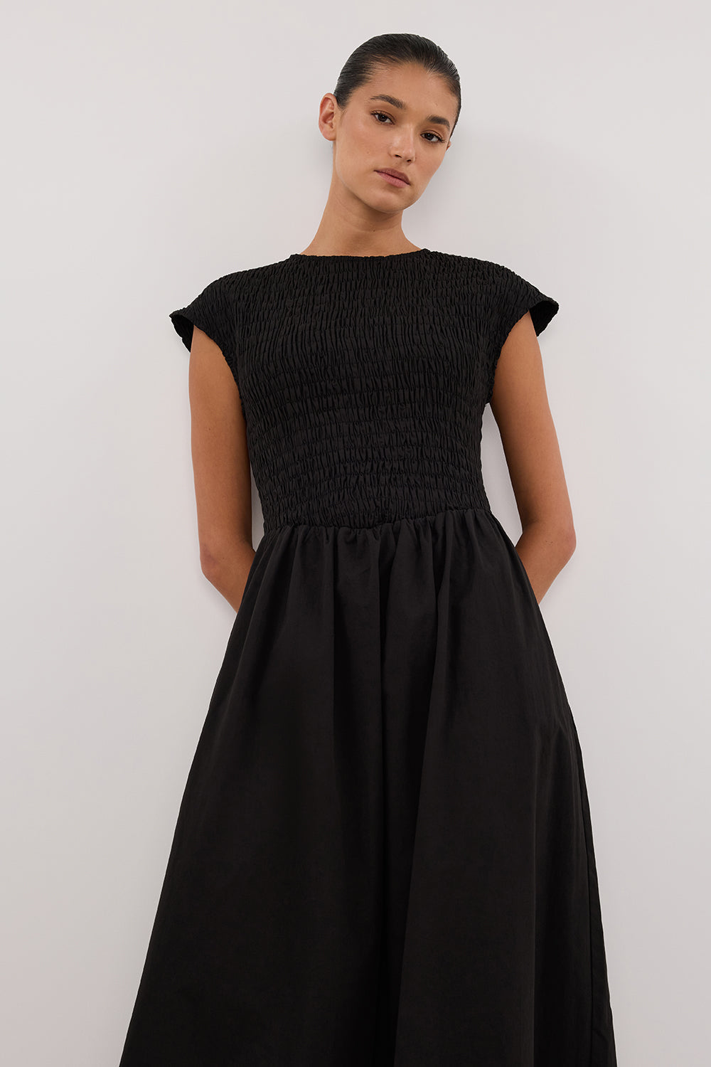 ROMA BLACK CAP SLEEVE MIDI DRESS