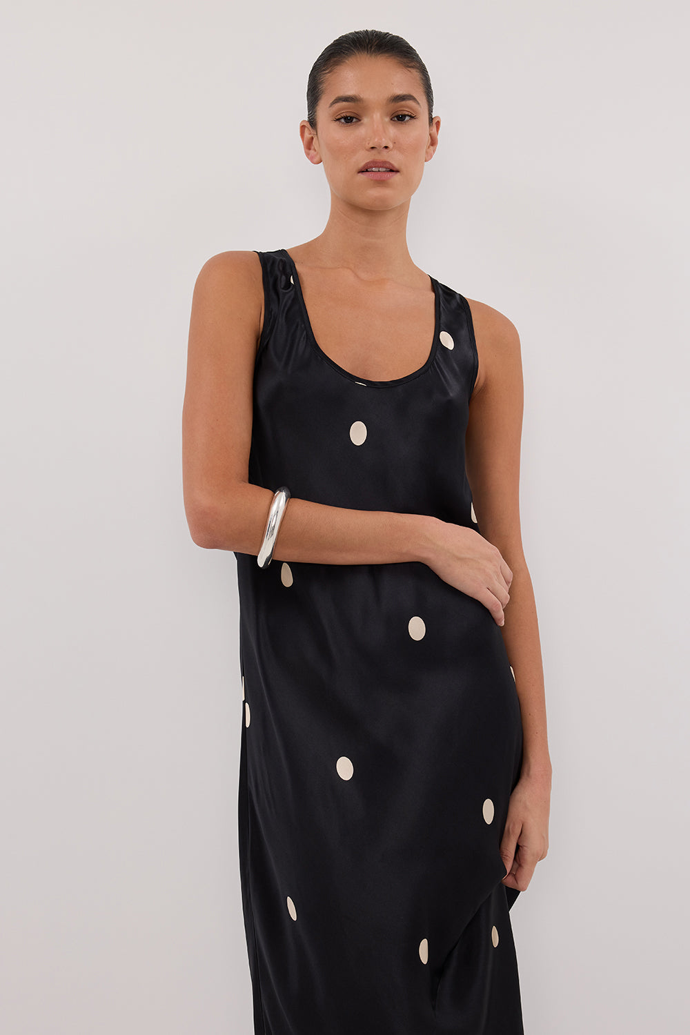 black dress with gold spots Cause to Celebrate Black and Gold Dot Ruffled Tiered Midi Dress