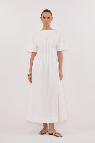 Stas wearing DAPHNE WHITE SLEEVED MIDI DRESS