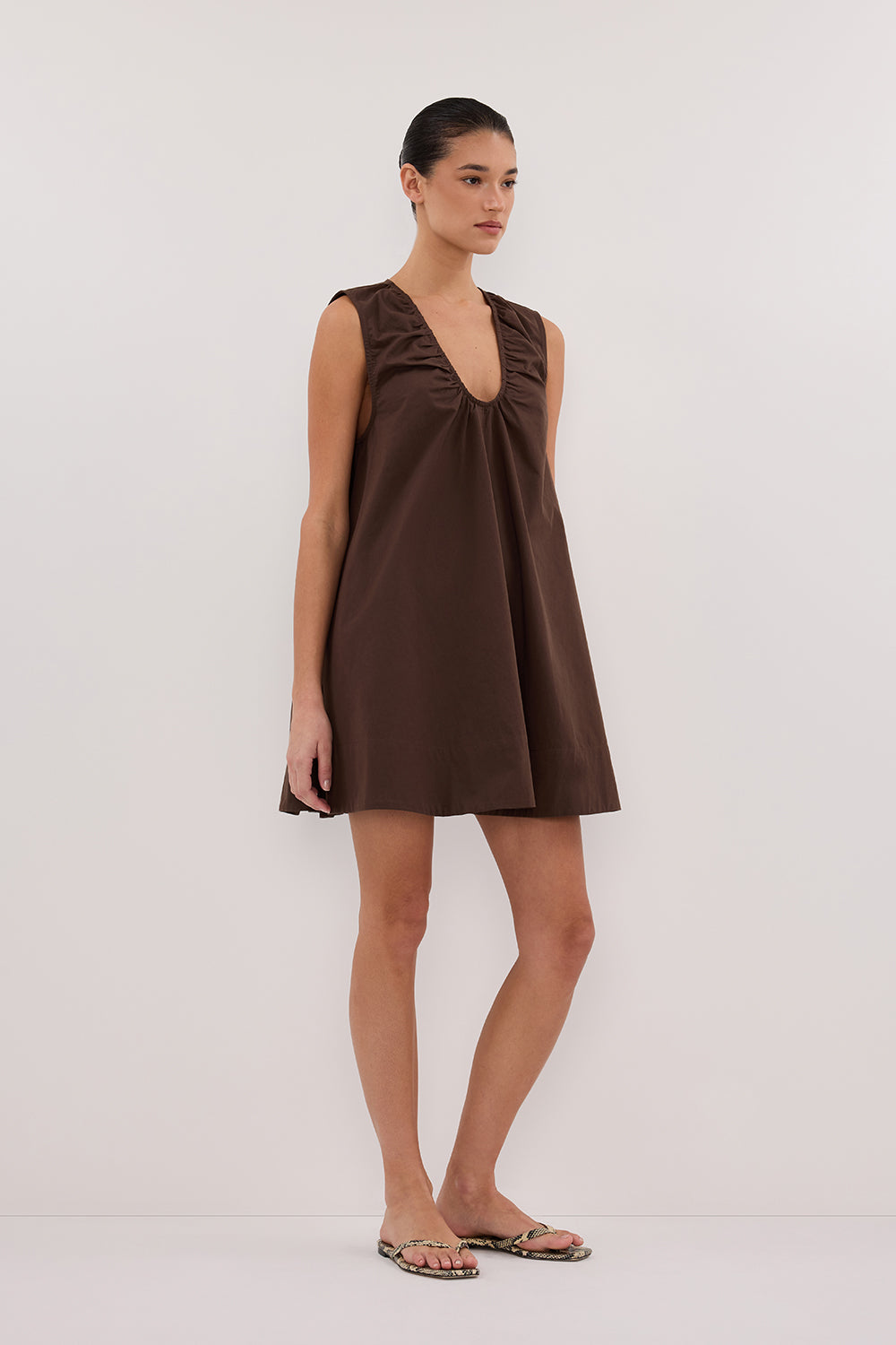 GABBY BITTER CHOC OVERSIZED COTTON MINI DRESS
