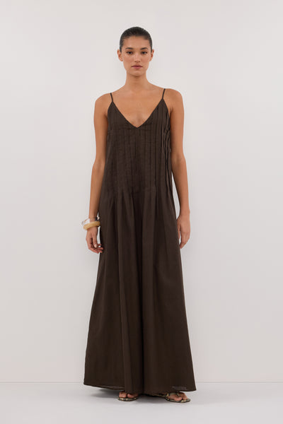 Aude wearing TAHLIA BITTER CHOC LINEN BLEND MAXI DRESS