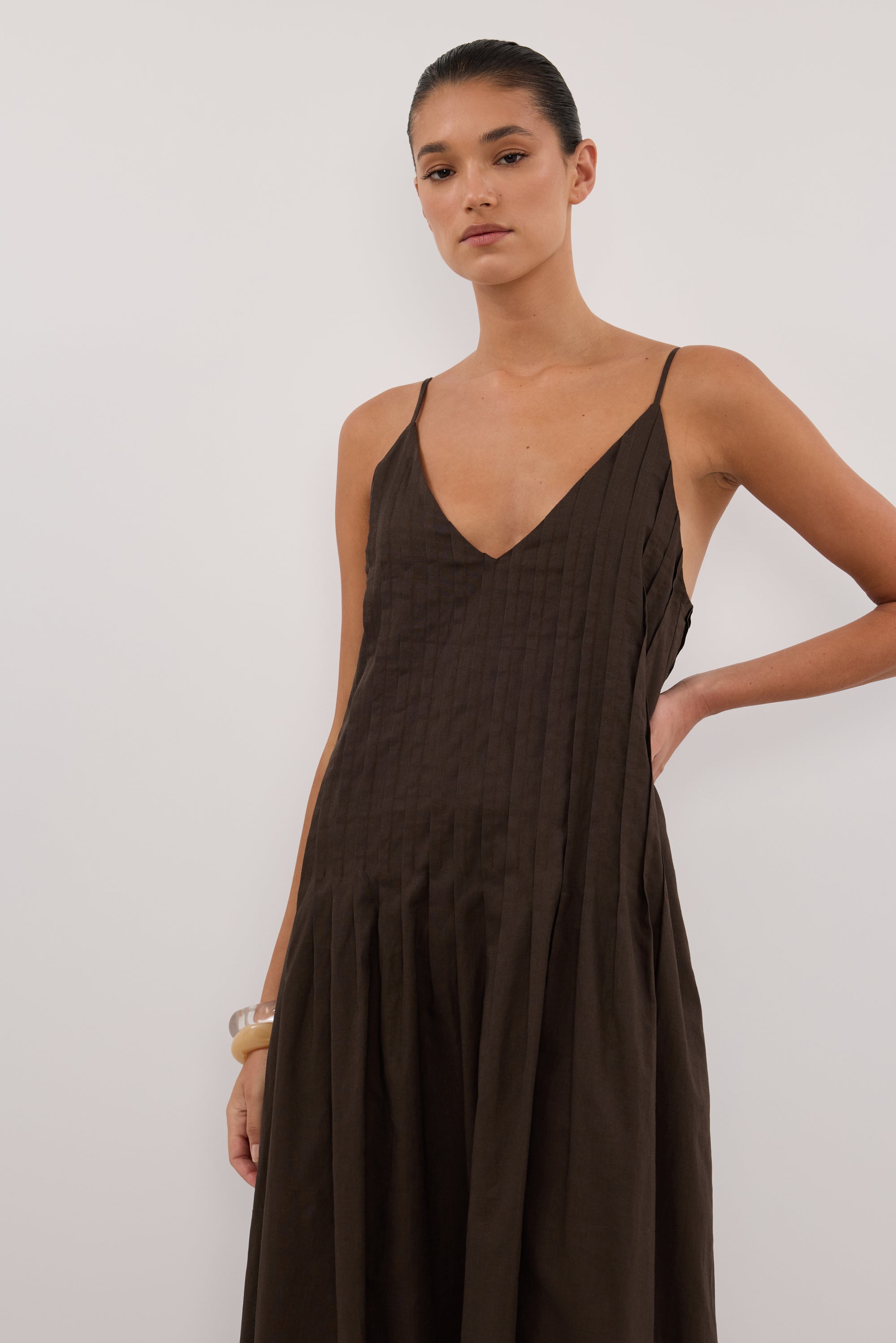 Tahlia Linen Blend Maxi Dress in Bitter Chocolate By DISSH Tahlia Linen Blend Maxi Dress in Bitter Chocolate By DISSH
