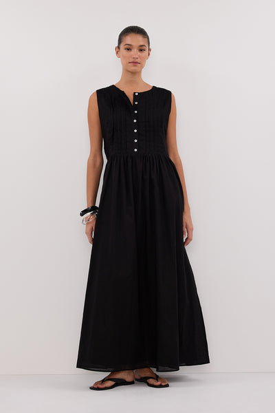Aude wearing LARS BLACK PINTUCK LINEN MIDI DRESS