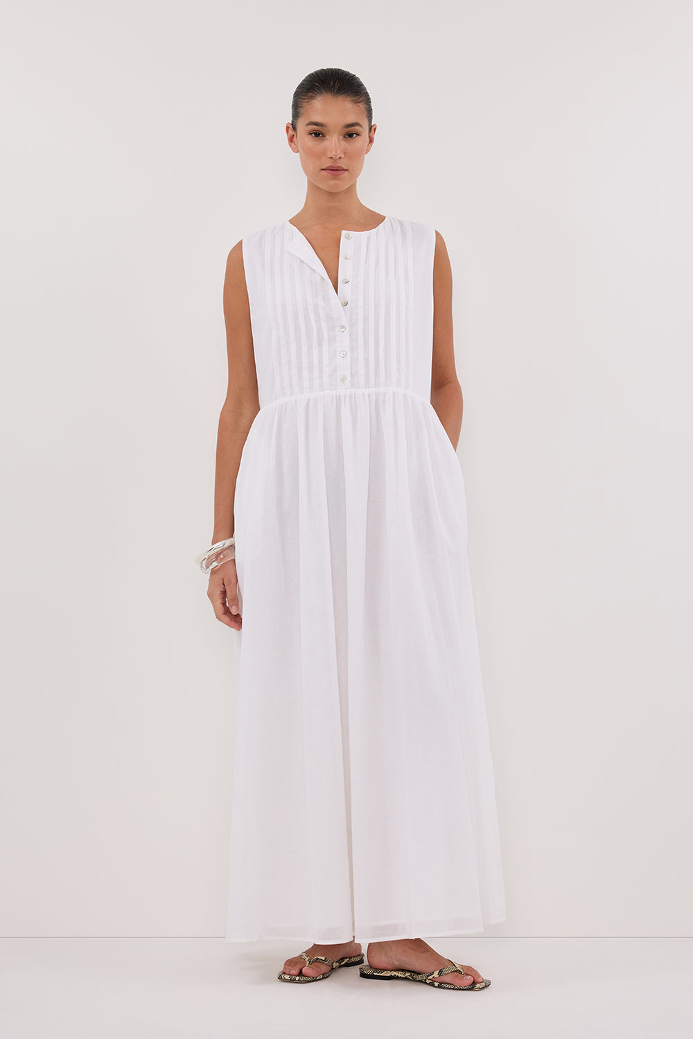 LARS WHITE PINTUCK LINEN MIDI DRESS