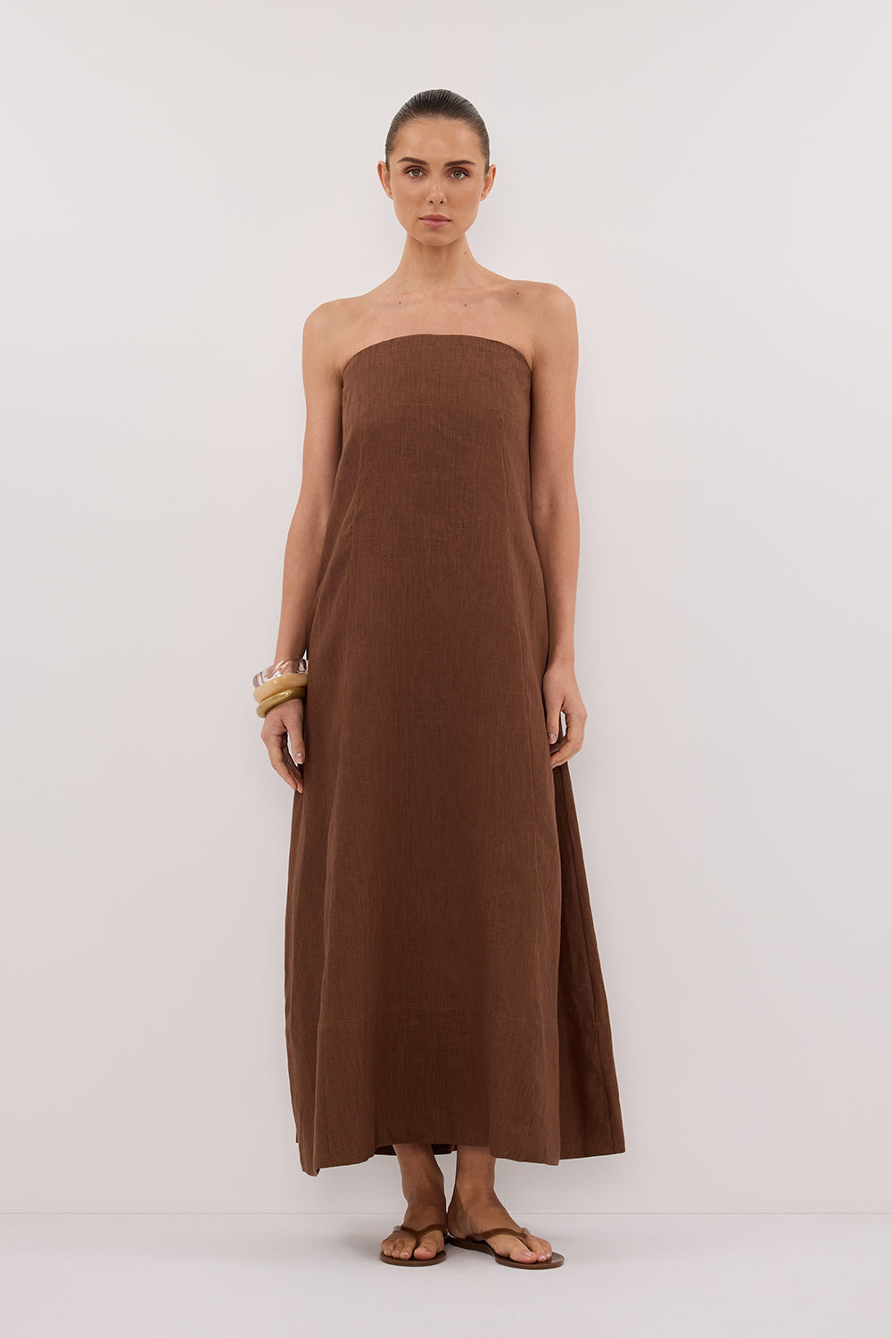 KINSLEY FONDANT LINEN STRAPLESS MIDI DRESS