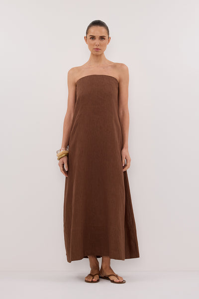 Stas wearing KINSLEY FONDANT LINEN STRAPLESS MIDI DRESS