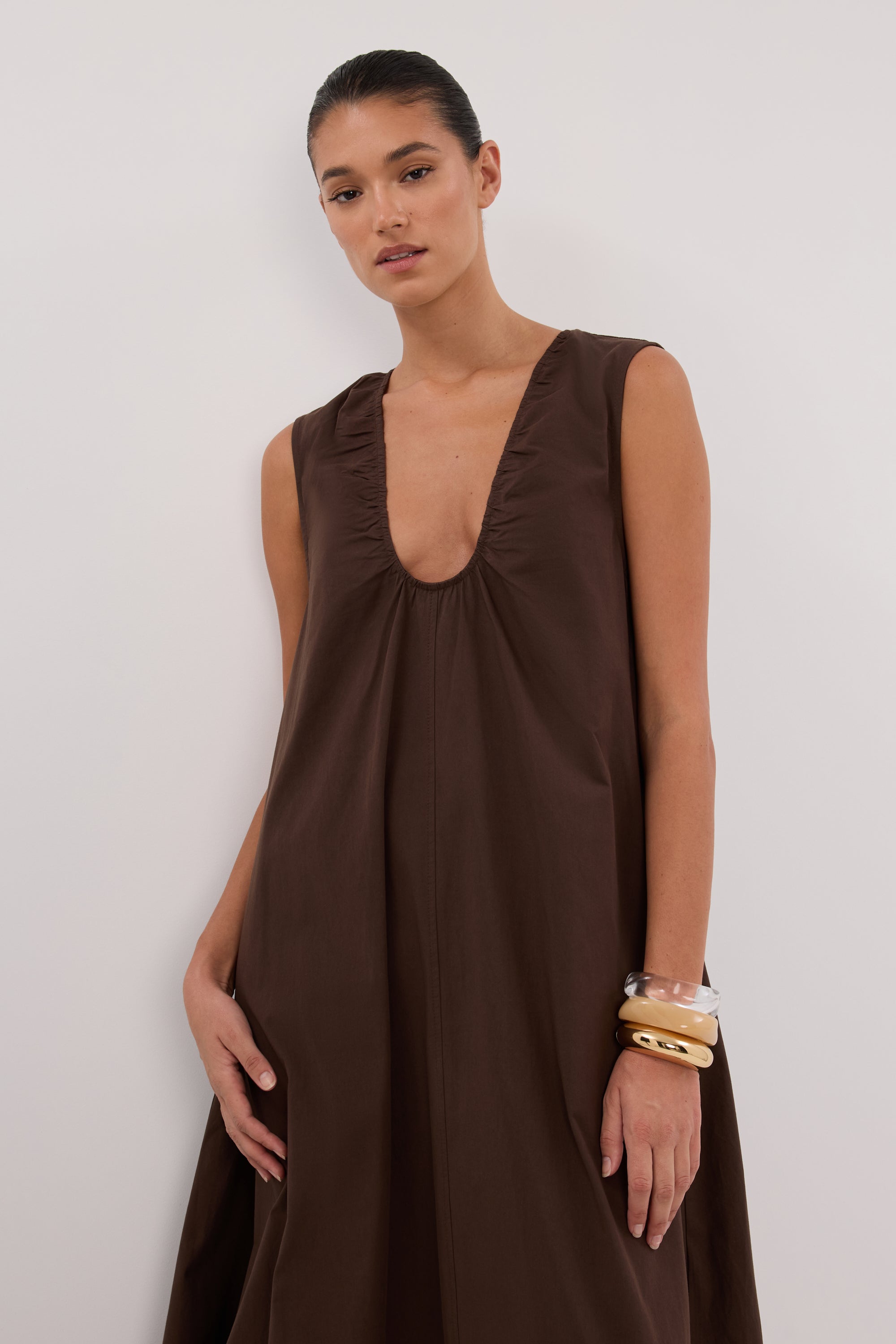 Gabby Oversized Cotton Sleeveless Midi Dress in Bitter Chocolate By DISSH Gabby Oversized Cotton Sleeveless Midi Dress in Bitter Chocolate By DISSH