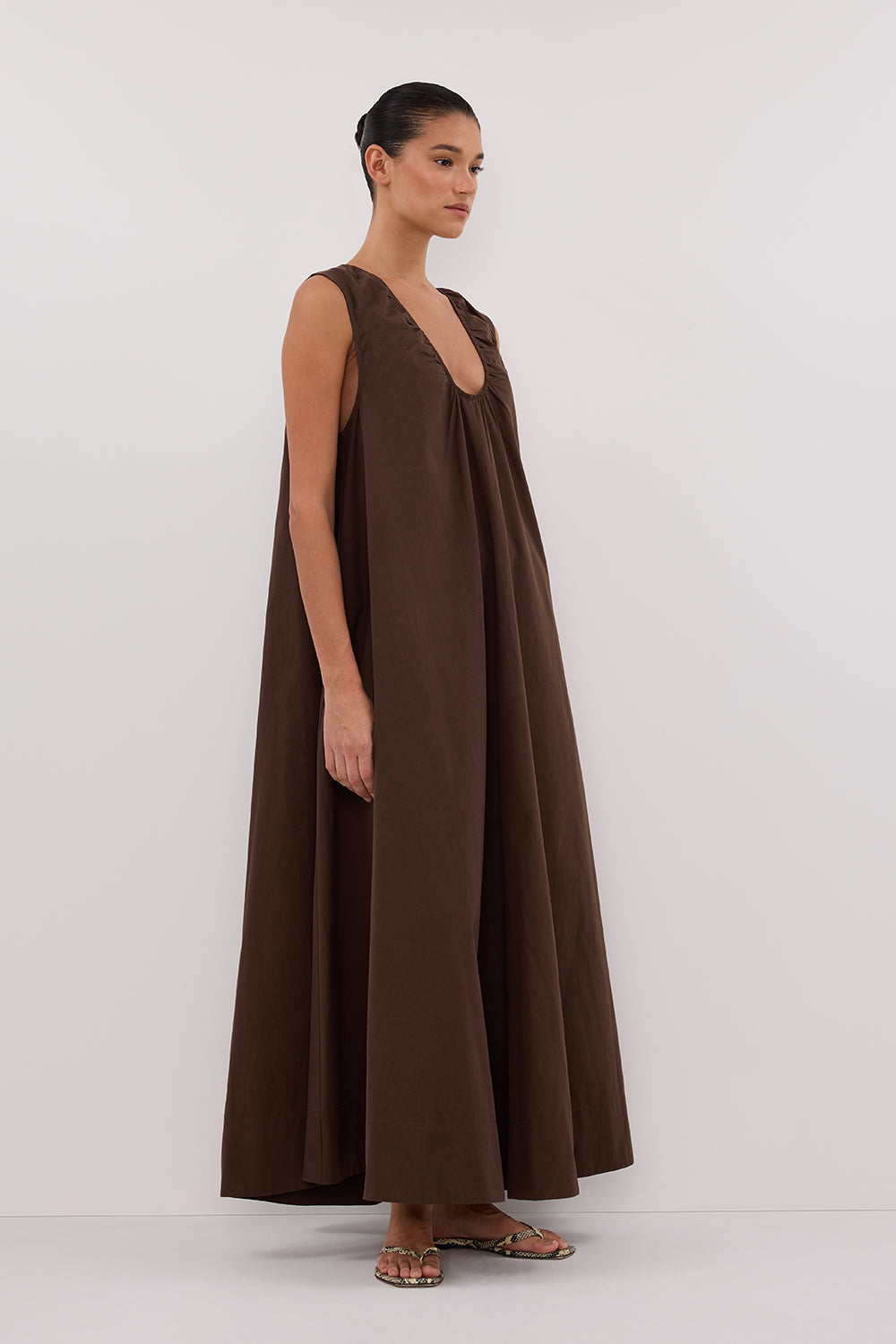 GABBY BITTER CHOC OVERSIZED COTTON MIDI DRESS