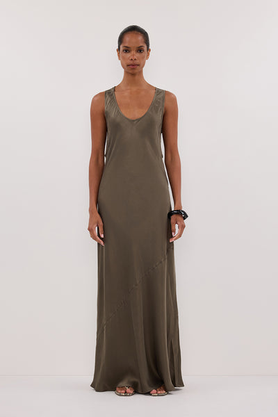 Kristen wearing DARCY OLIVE SILK MAXI DRESS