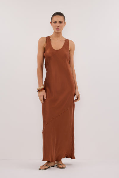 Stas wearing DARCY RUST SILK MAXI DRESS