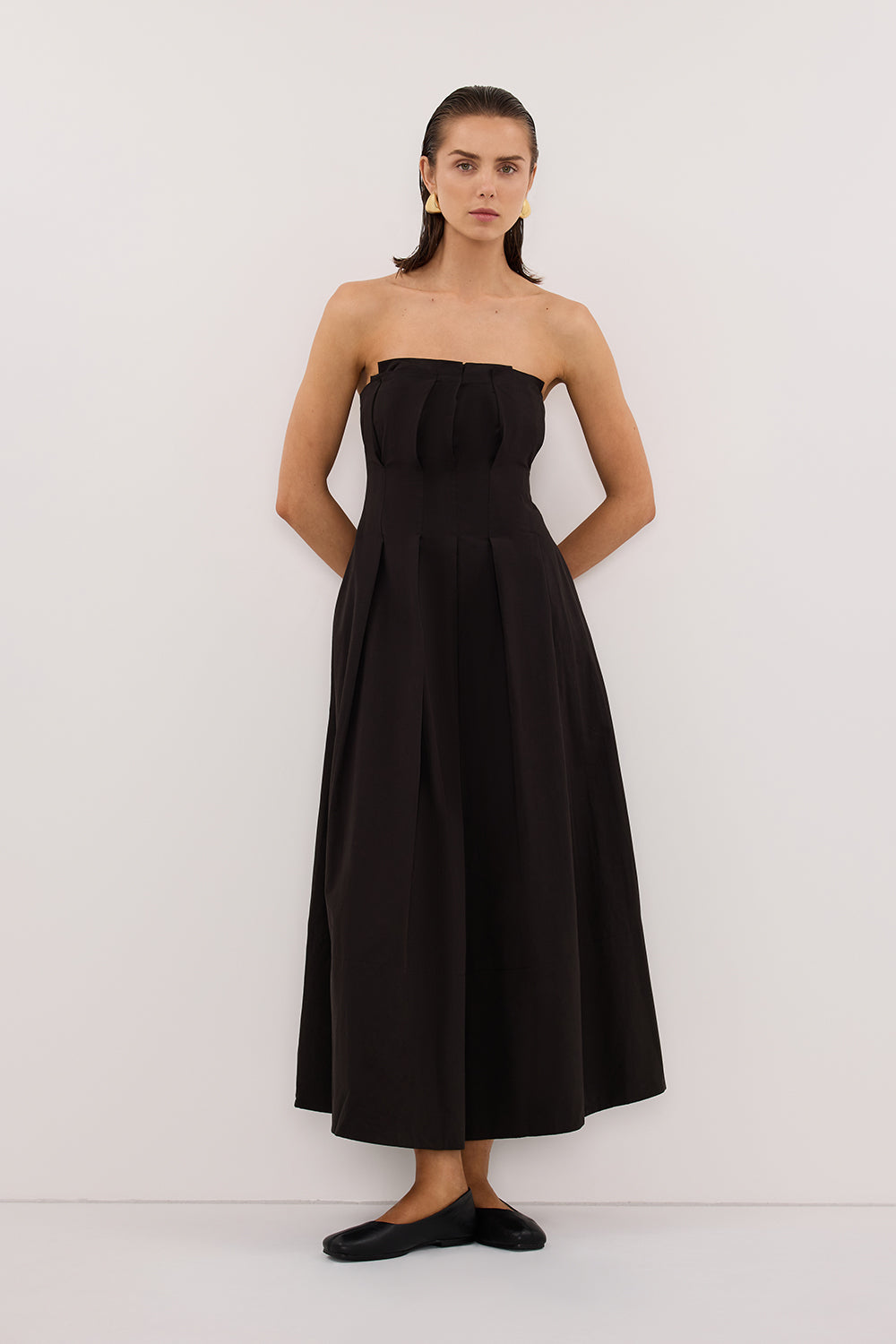 Lilly Cotton Strapless Midi Dress in Black By DISSH