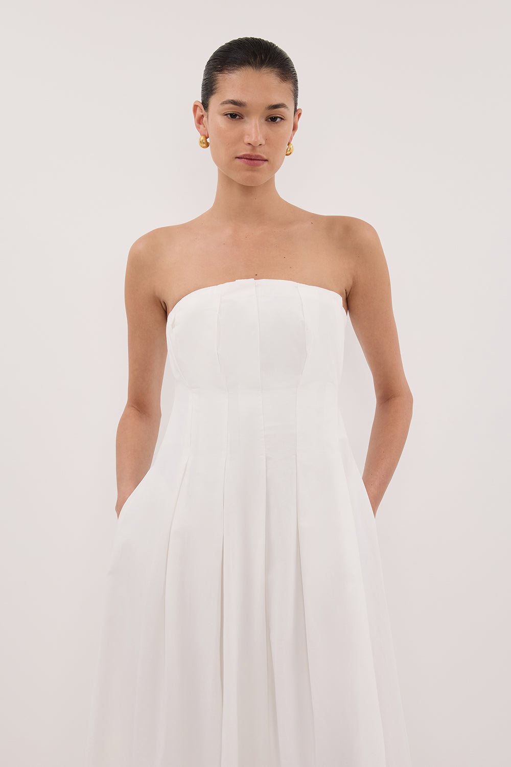 Lilly Cotton Strapless Midi Dress in White By DISSH Lilly Cotton Strapless Midi Dress in White By DISSH