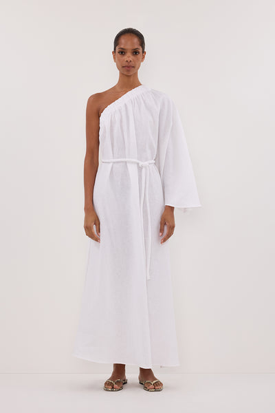 Kristen wearing SALLY WHITE LINEN MIDI DRESS