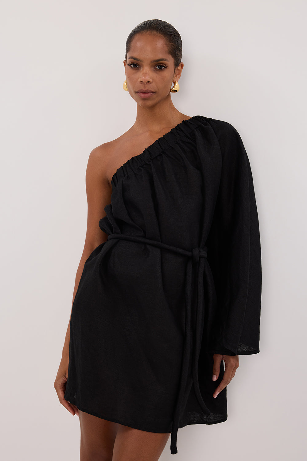 AURELIA BLACK ASYM LINEN MINI DRESS