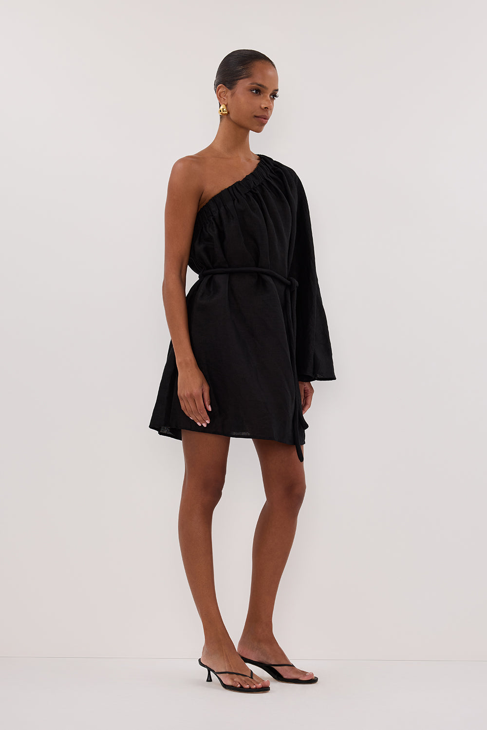 AURELIA BLACK ASYM LINEN MINI DRESS