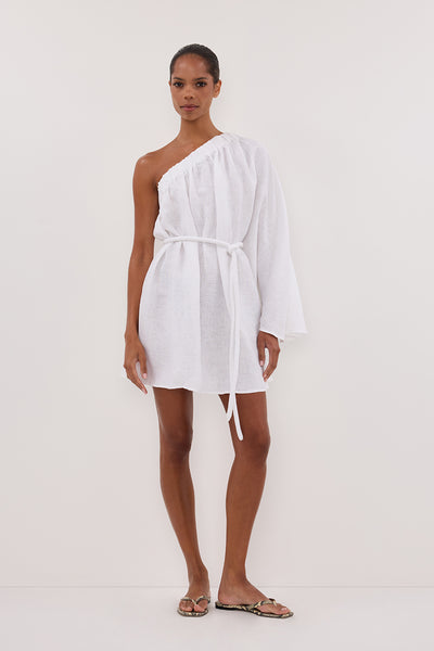 Kristen wearing AURELIA WHITE ASYM LINEN MINI DRESS