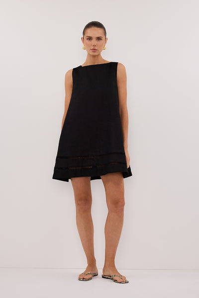 Stas wearing LINDSAY BLACK LINEN MINI DRESS