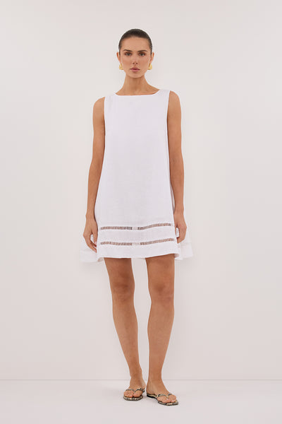 Stas wearing LINDSAY WHITE LINEN MINI DRESS