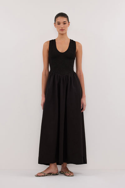 Aude wearing FLORENCE BLACK SLEEVELESS COTTON MIDI DRESS