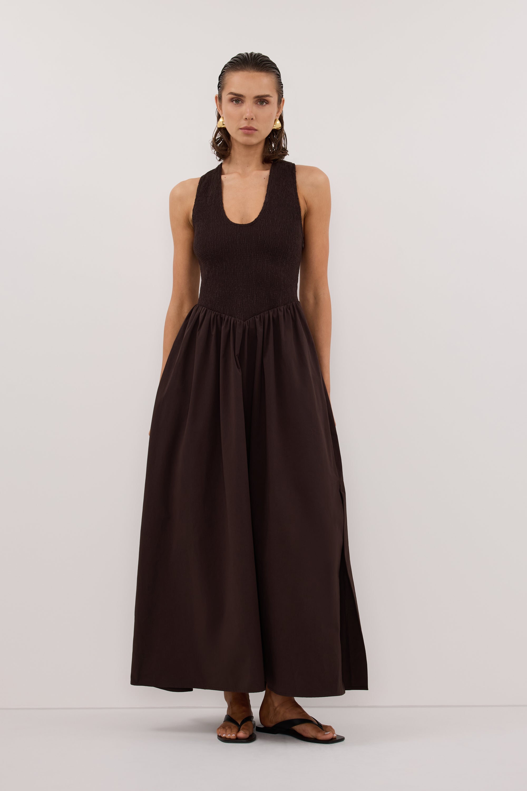 Florence Cotton Sleeveless Midi Dress in Burnt Choc By DISSH