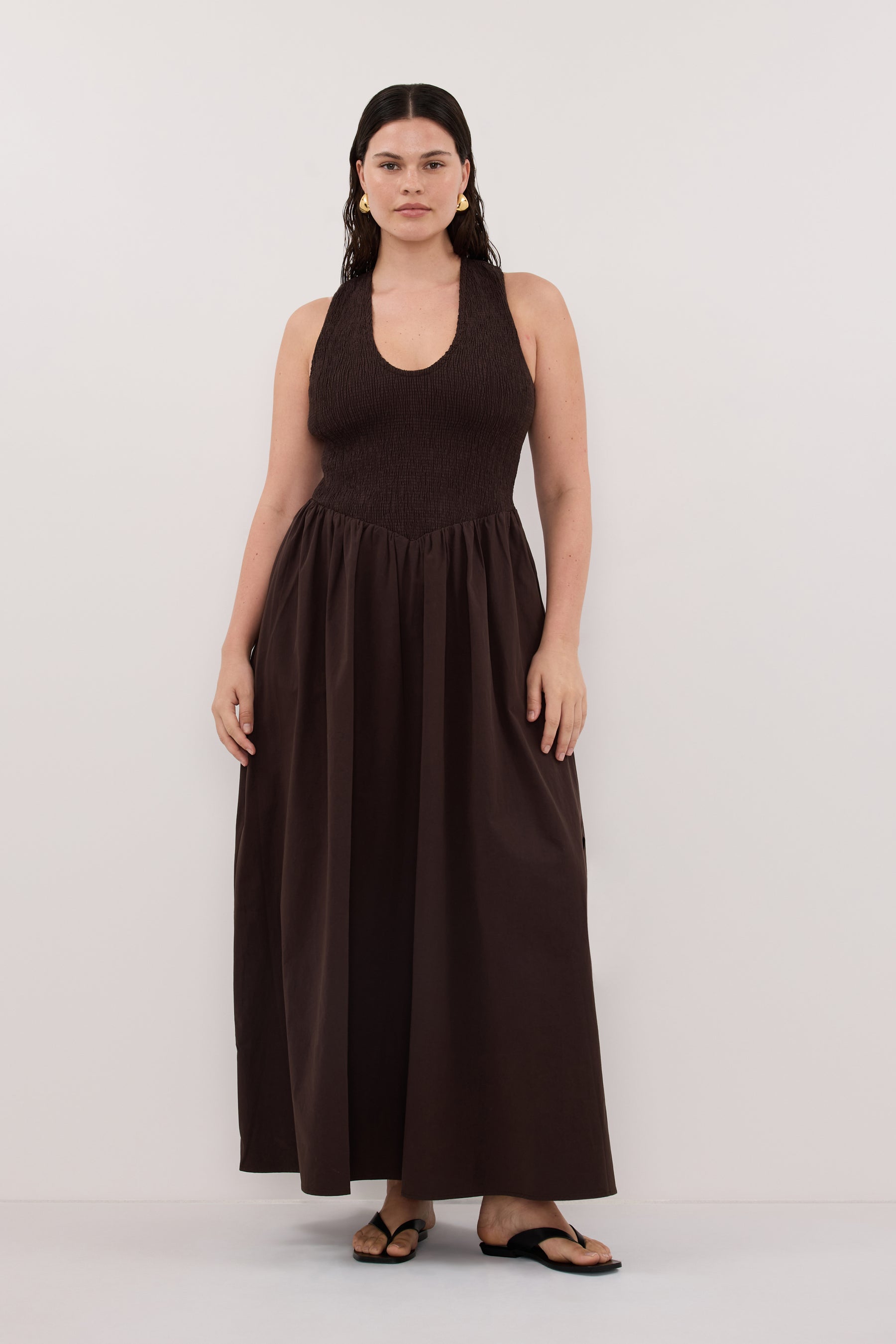 Florence Cotton Sleeveless Midi Dress in Burnt Choc By DISSH