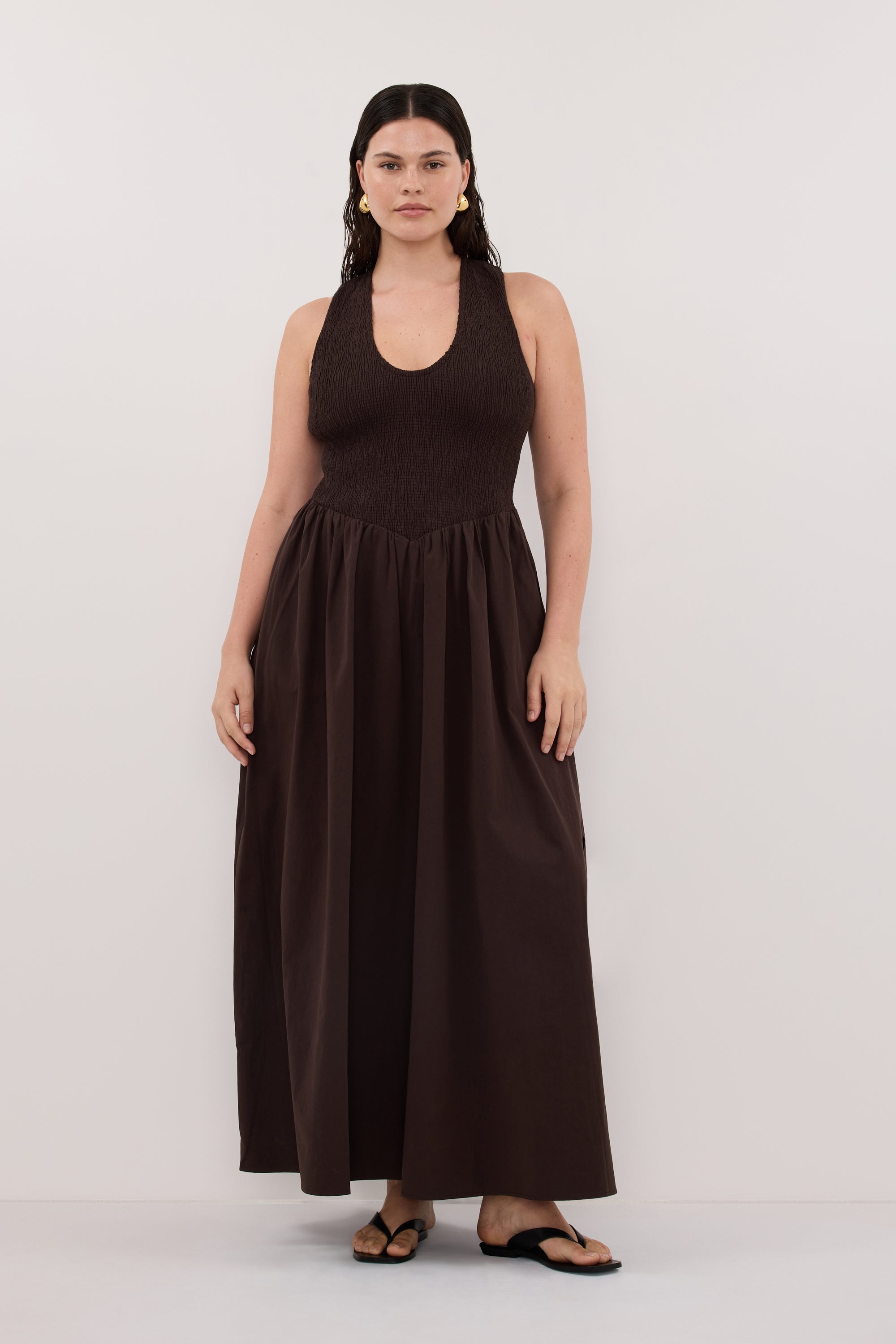 Florence Cotton Sleeveless Midi Dress in Burnt Choc By DISSH Florence Cotton Sleeveless Midi Dress in Burnt Choc By DISSH
