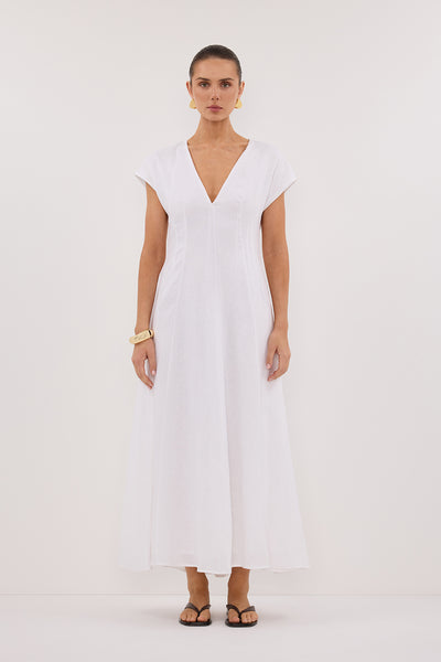Stas wearing MATISSE WHITE LINEN MIDI DRESS