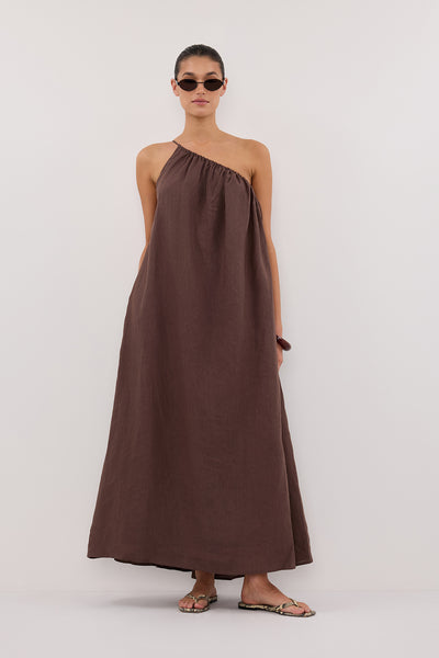 ALMA BIT CHOC ASYM LINEN MIDI DRESS – DISSH