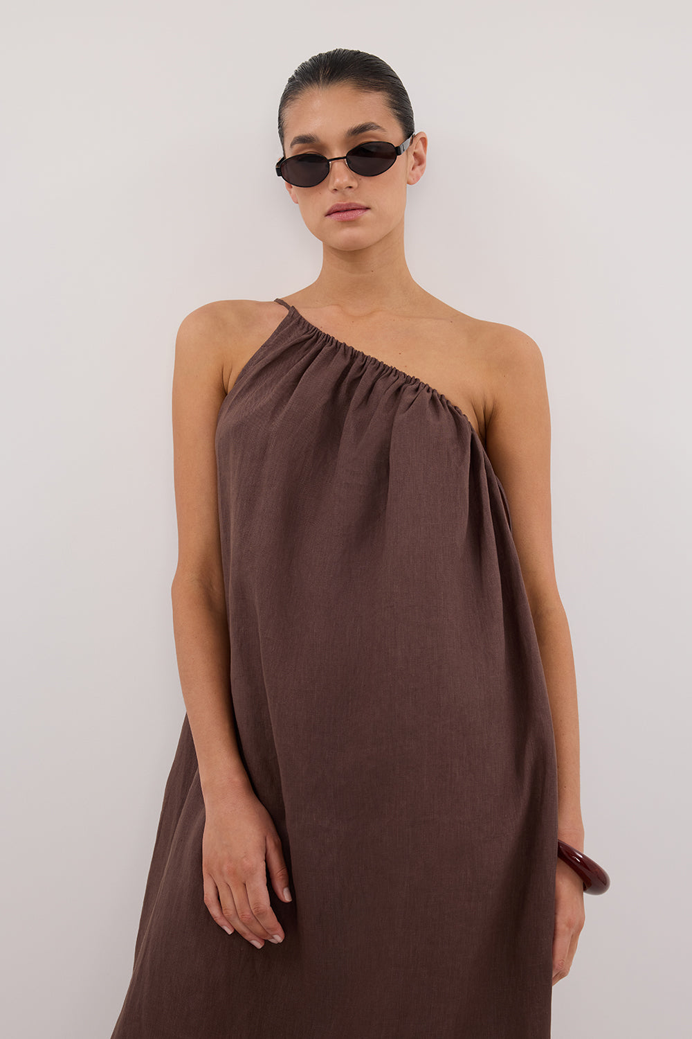 ALMA BITTER CHOC ASYM LINEN MIDI DRESS