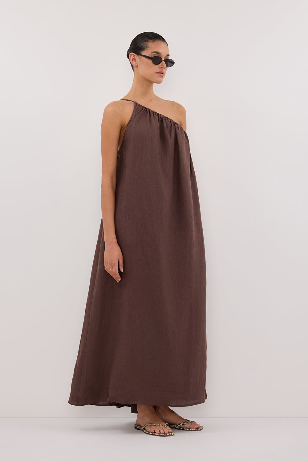 ALMA BITTER CHOC ASYM LINEN MIDI DRESS