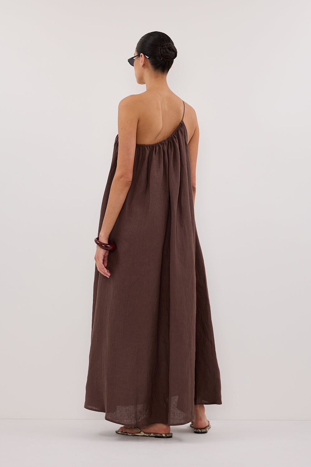 ALMA BITTER CHOC ASYM LINEN MIDI DRESS