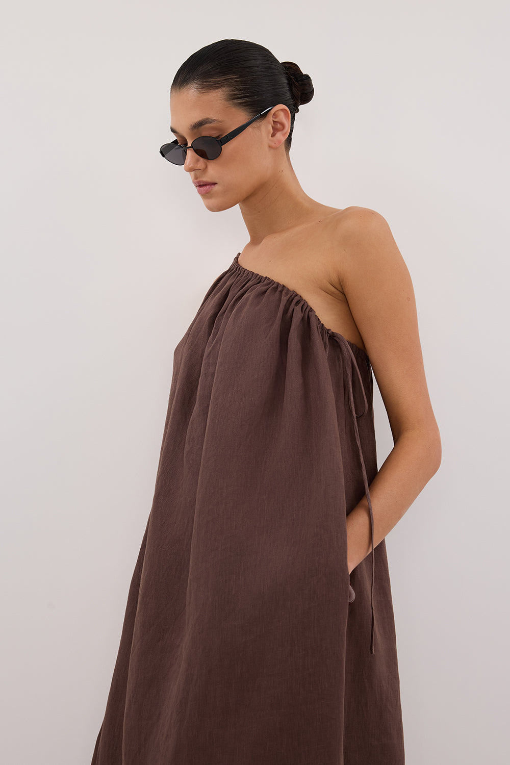 ALMA BITTER CHOC ASYM LINEN MIDI DRESS