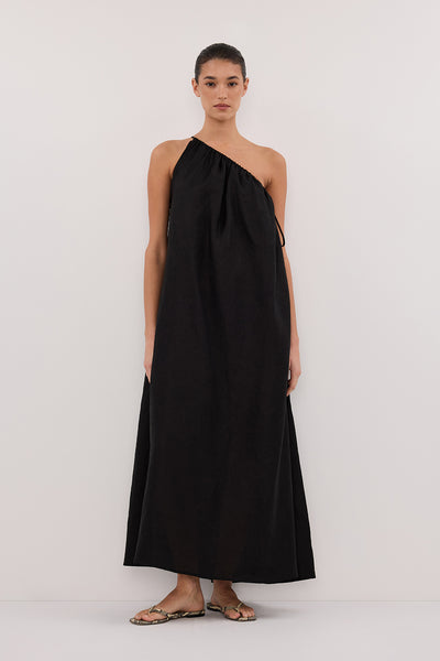 Aude wearing ALMA BLACK ASYM LINEN MIDI DRESS