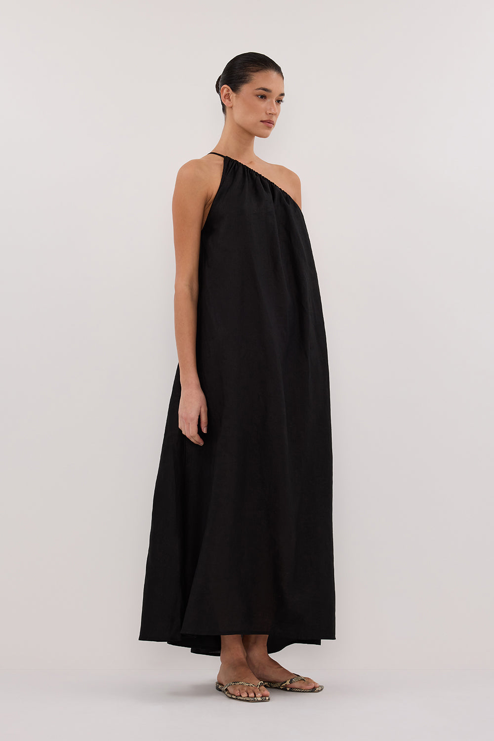 ALMA BLACK ASYM LINEN MIDI DRESS