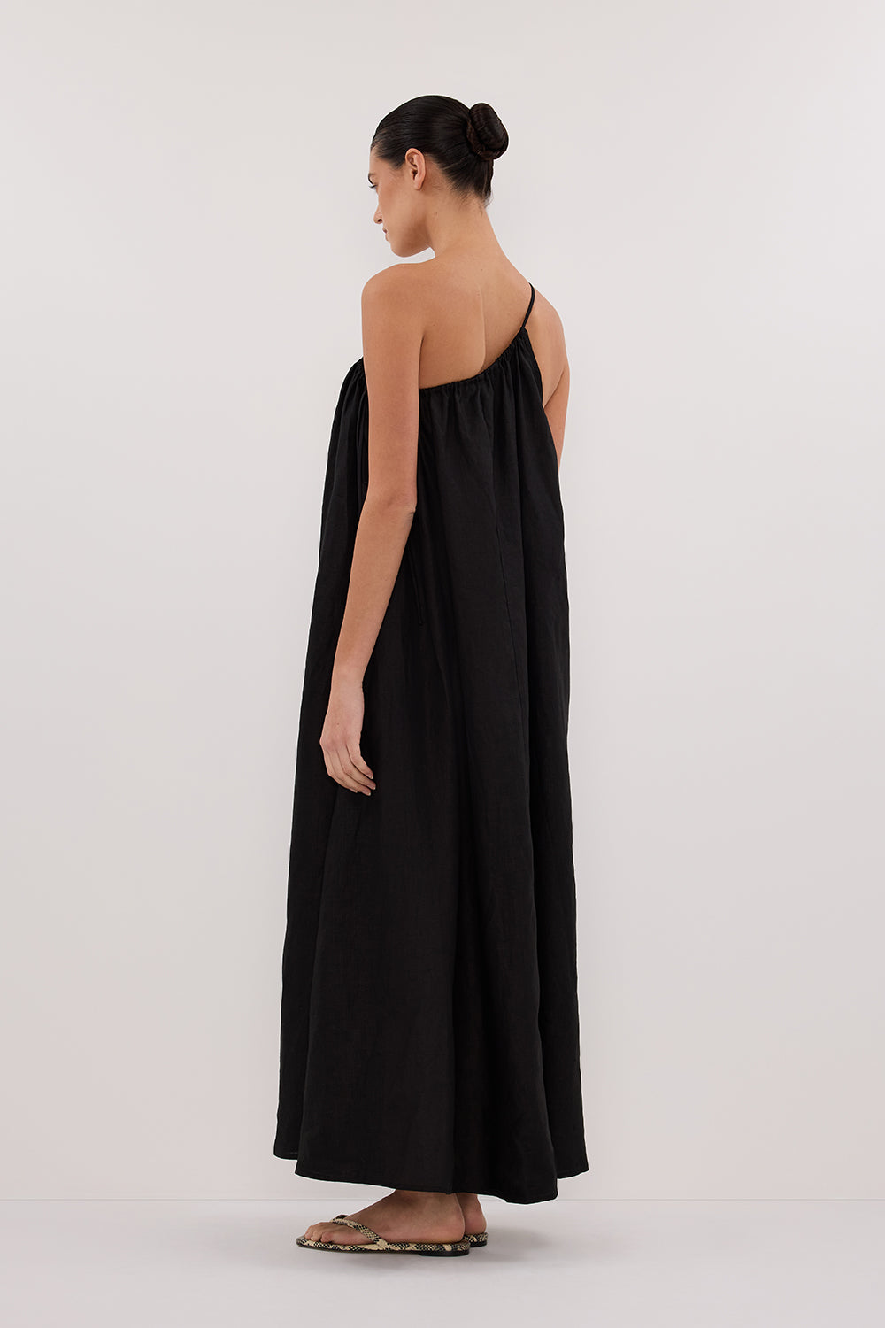 ALMA BLACK ASYM LINEN MIDI DRESS