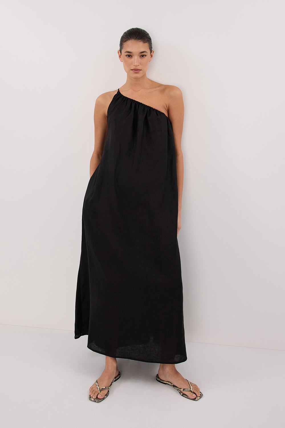 ALMA BLACK ASYM LINEN MIDI DRESS DISSH ALMA BLACK ASYM LINEN MIDI DRESS DISSH