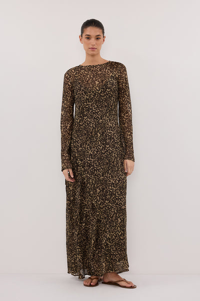 Aude wearing MARVILLA CHOC LONG SLEEVE MAXI DRESS