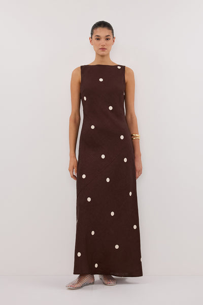 Aude wearing BEVERLY BITTER CHOC SPOT LINEN MIDI DRESS