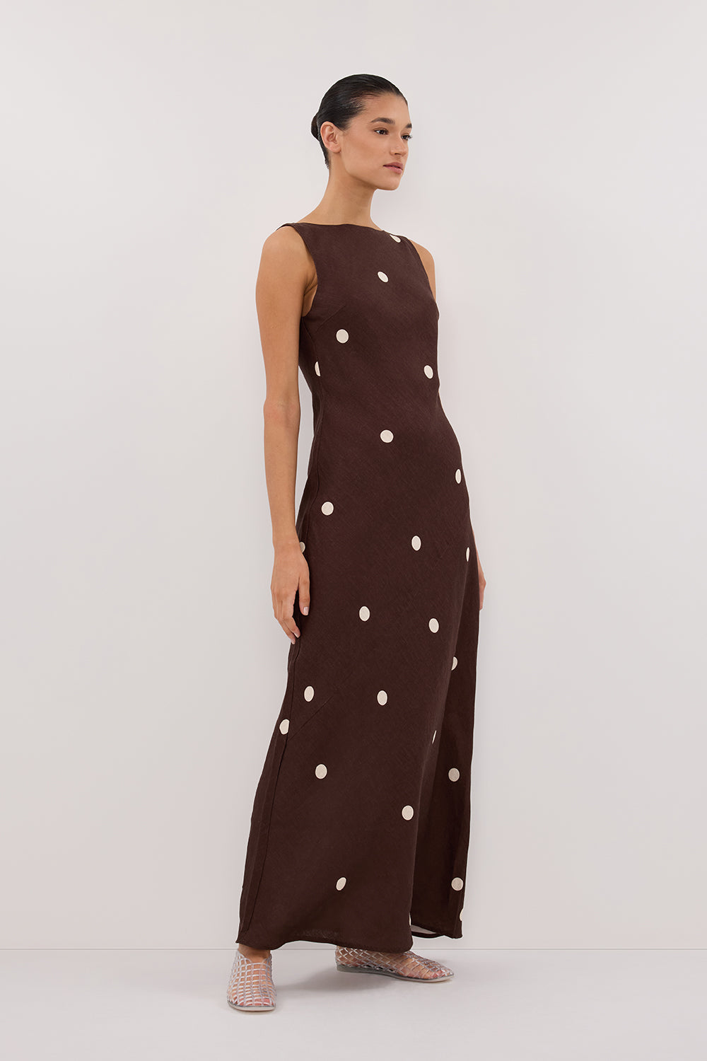 BEVERLY BITTER CHOC SPOT LINEN MIDI DRESS
